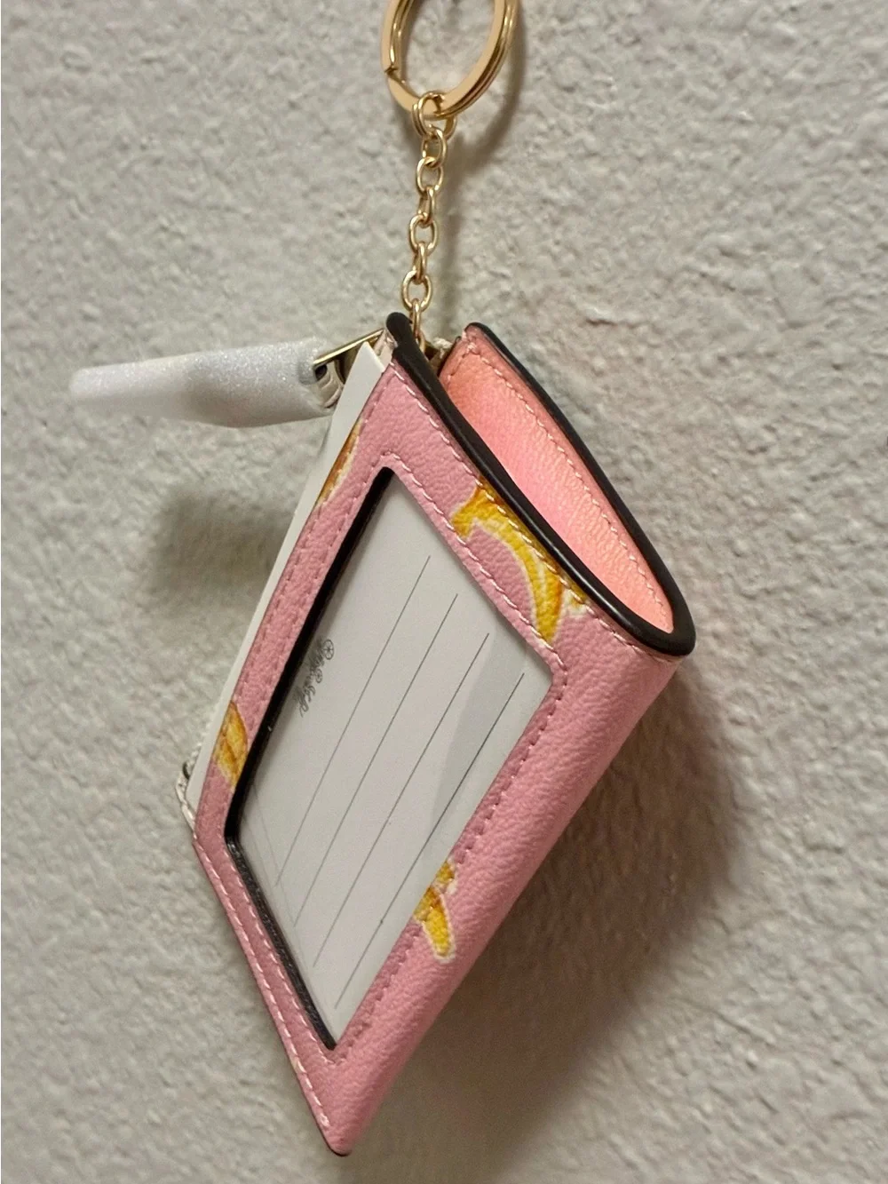 Coach Mini Skinny ID Card Case Bag Charm With Banana Print In Pink Lemonade NWT